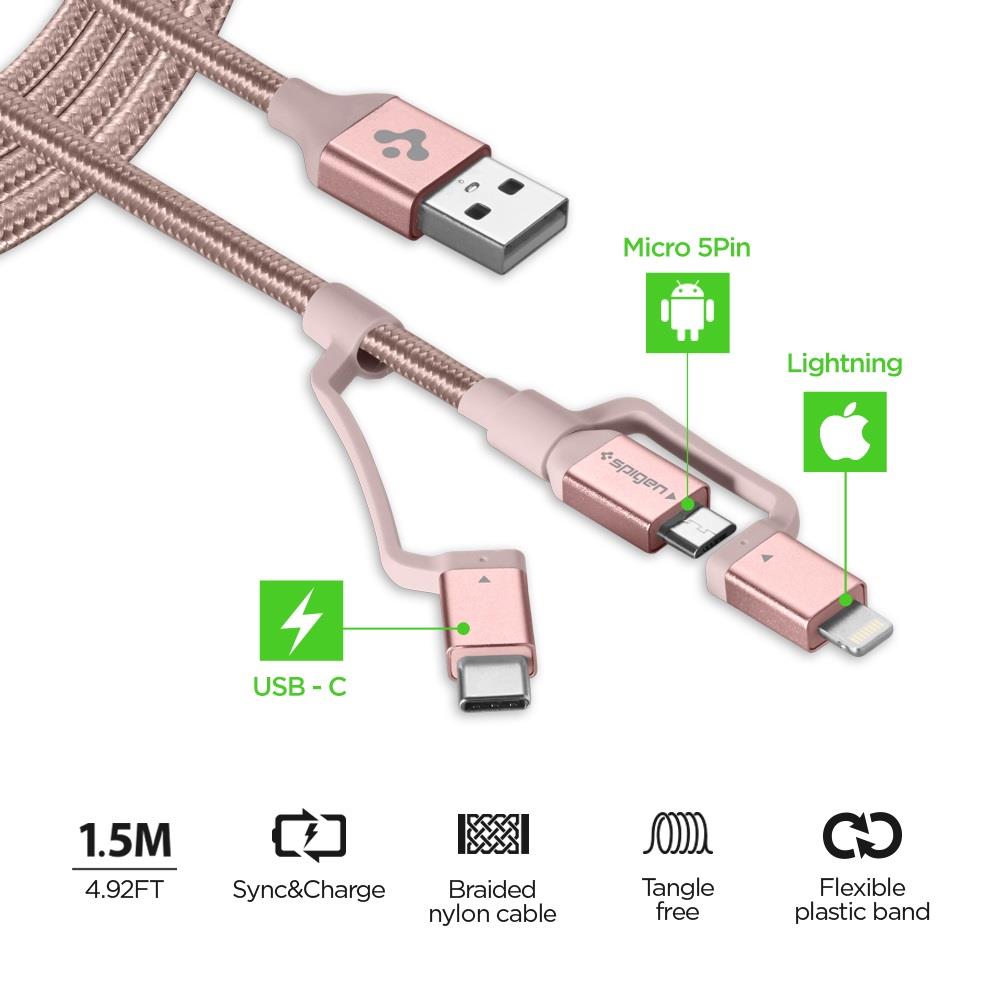 Кабель Spigen Essential C10i3 Gold USB-C+Micro-B 5-pin+USB Lightning to USB 2.0