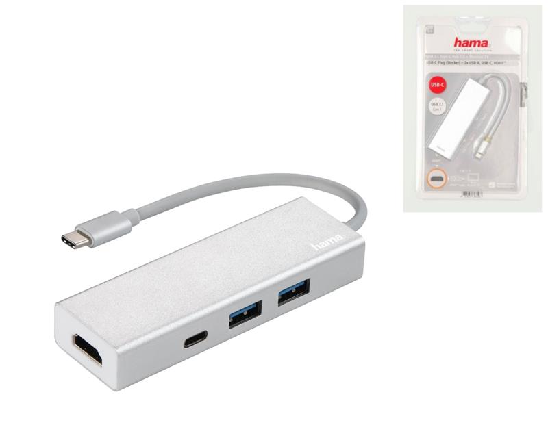 USB-C хаб Hama Aluminium 2x USB-A, USB-C, HDMI Silver