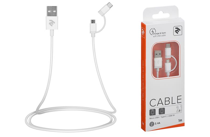 Кабель 2E USB to Micro + Type C, 5V/2.4A, 1m, white