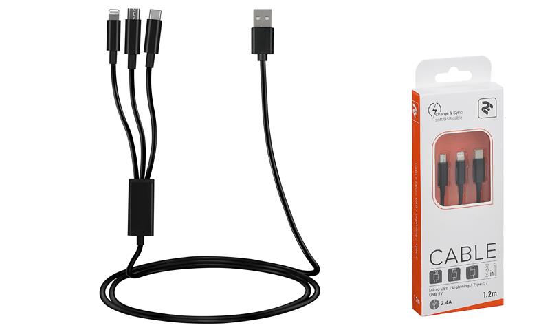 Кабель 2E USB 3 in 1 Micro/Lightning/Type C, 5V/2.4A, 1.2m, black