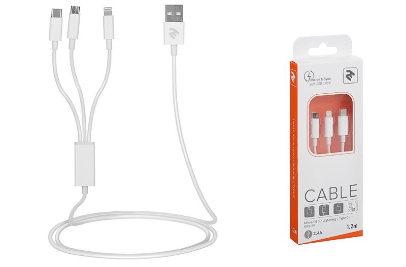 Кабель 2E USB 3 in 1 Micro/Lightning/Type C, 5V/2.4A, 1.2m, white