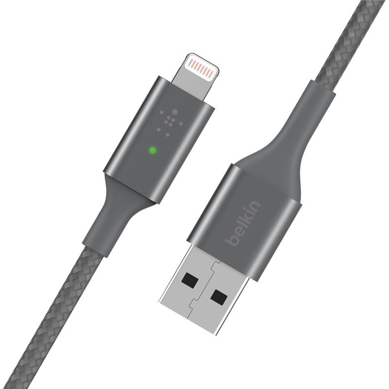 Кабель Belkin USB-A - Lightning, BRAIDED, Smart LED, 1.2m, gray